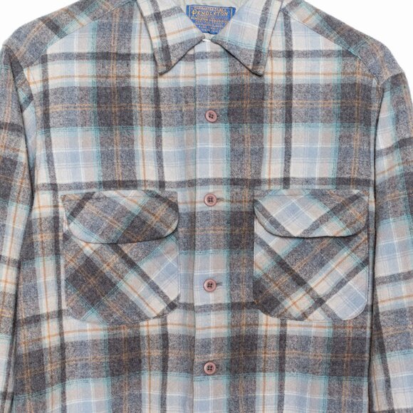 SOLD - Pendleton Vintage Wool Board Shirt - Blue Gray Tan - Size S/M - Picture 6 of 11